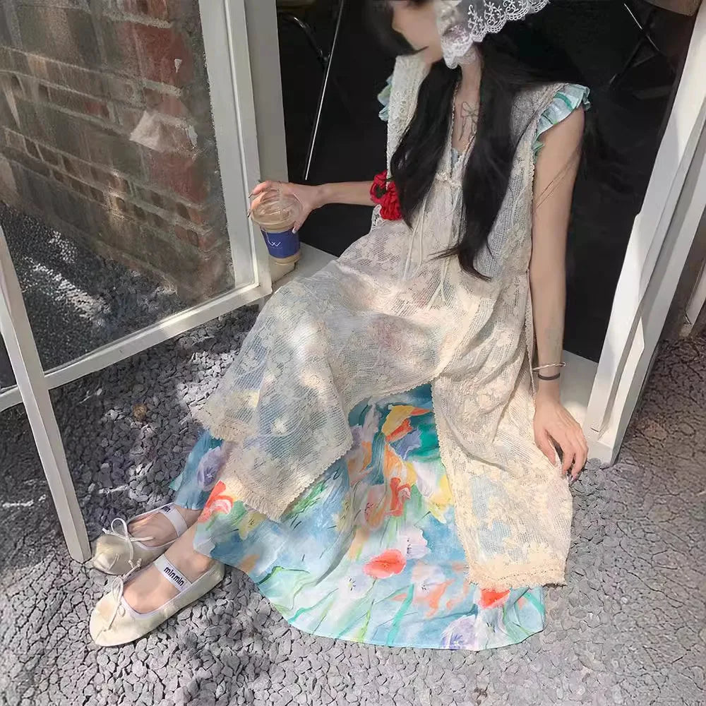 Colorful Oil Painting Two-Piece Lace Dress for Summer 2024. - Image 3