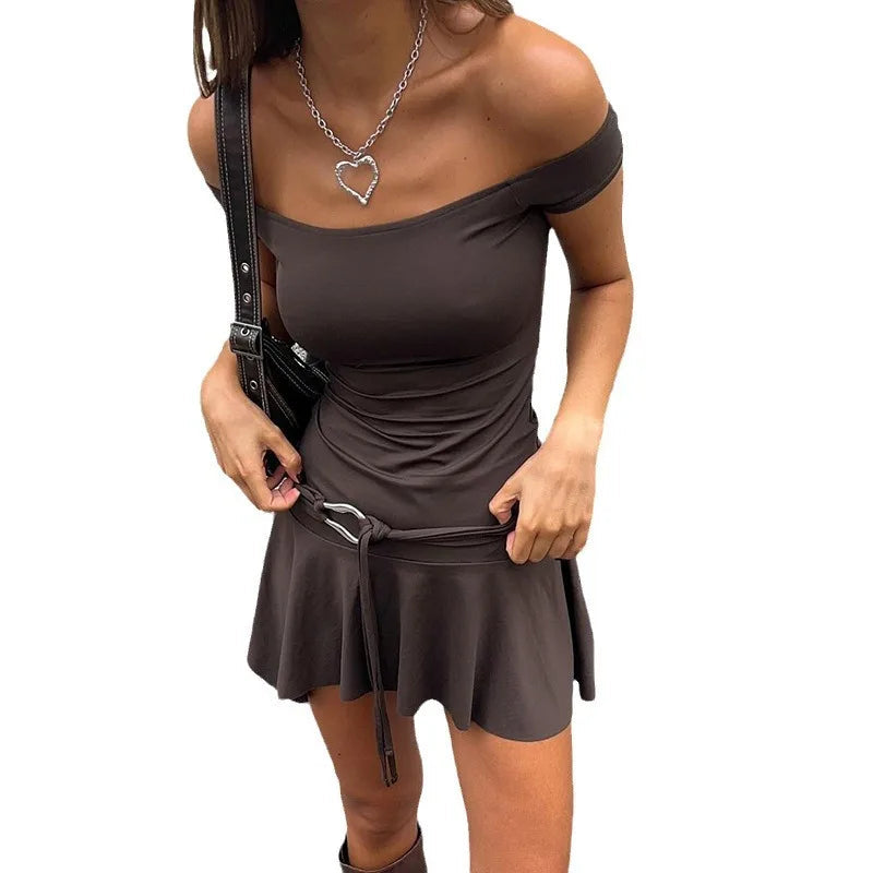Off Shoulder One Line Neck Waistband Dress A-Line Mini Skirt - Image 6