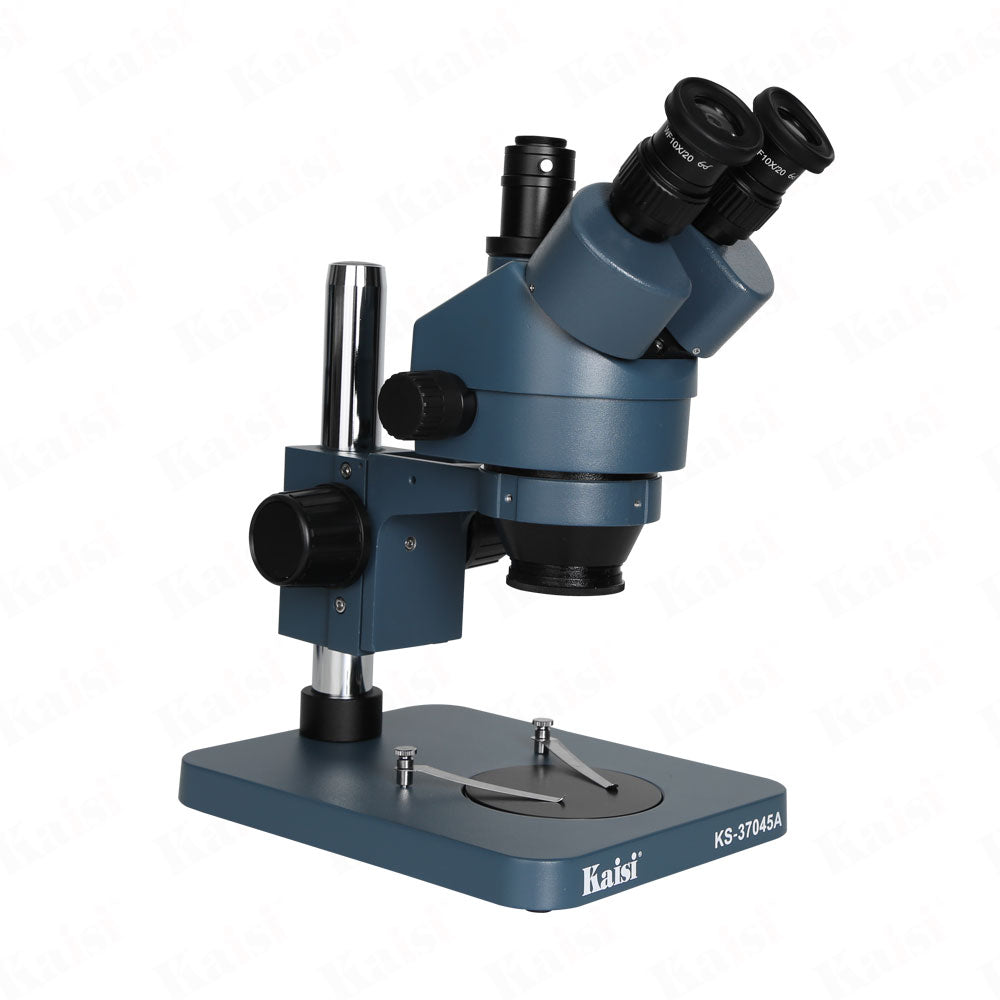 KAISI 37045 Trinocular Stereo Microscope.High resolution, high flatness and contrast, the image is clear and sharp.  Sharp stereoscopic upright image with wide field of vision. Precise alignment reduces eye strain during prolonged viewing.