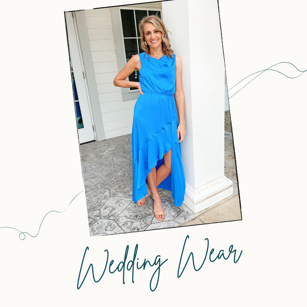 Wedding Wear Collection: Shop wedding guest styles. Model wearing a blue sleeveless maxi dress with cascading hem, a draped neckline and an open back.
