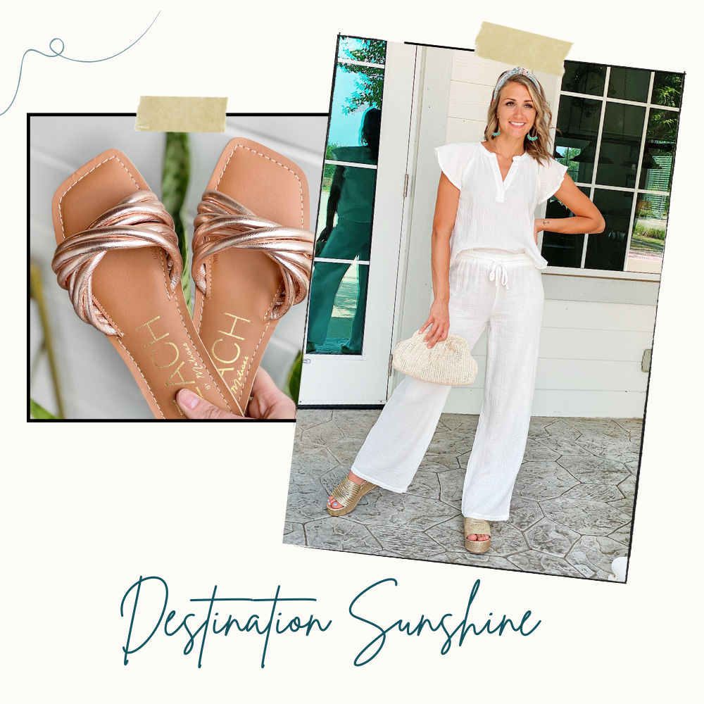 Destination Sunshine Collection: Model wearing a white cotton gauze 2-piece set with pants and a sleeveless top with ruffle detail. Beach by Matisse Gale Sandal in gold with twisted strap detail.