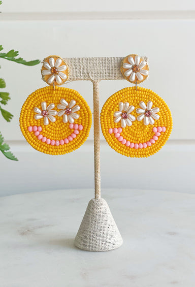 Soft Smiles Beaded earrings, Yellow, pink and white beaded earrings that have a smiley face on them