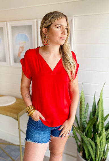 Bold Moves Blouse, short sleeve top with v-neck detailing, bright red