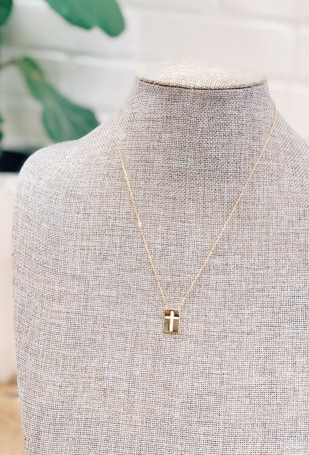 Gold crystal cross card necklace, Cubic zirconia necklace with a crystal cross on a gold card pendant, with lobster clasp and approx 16' in length