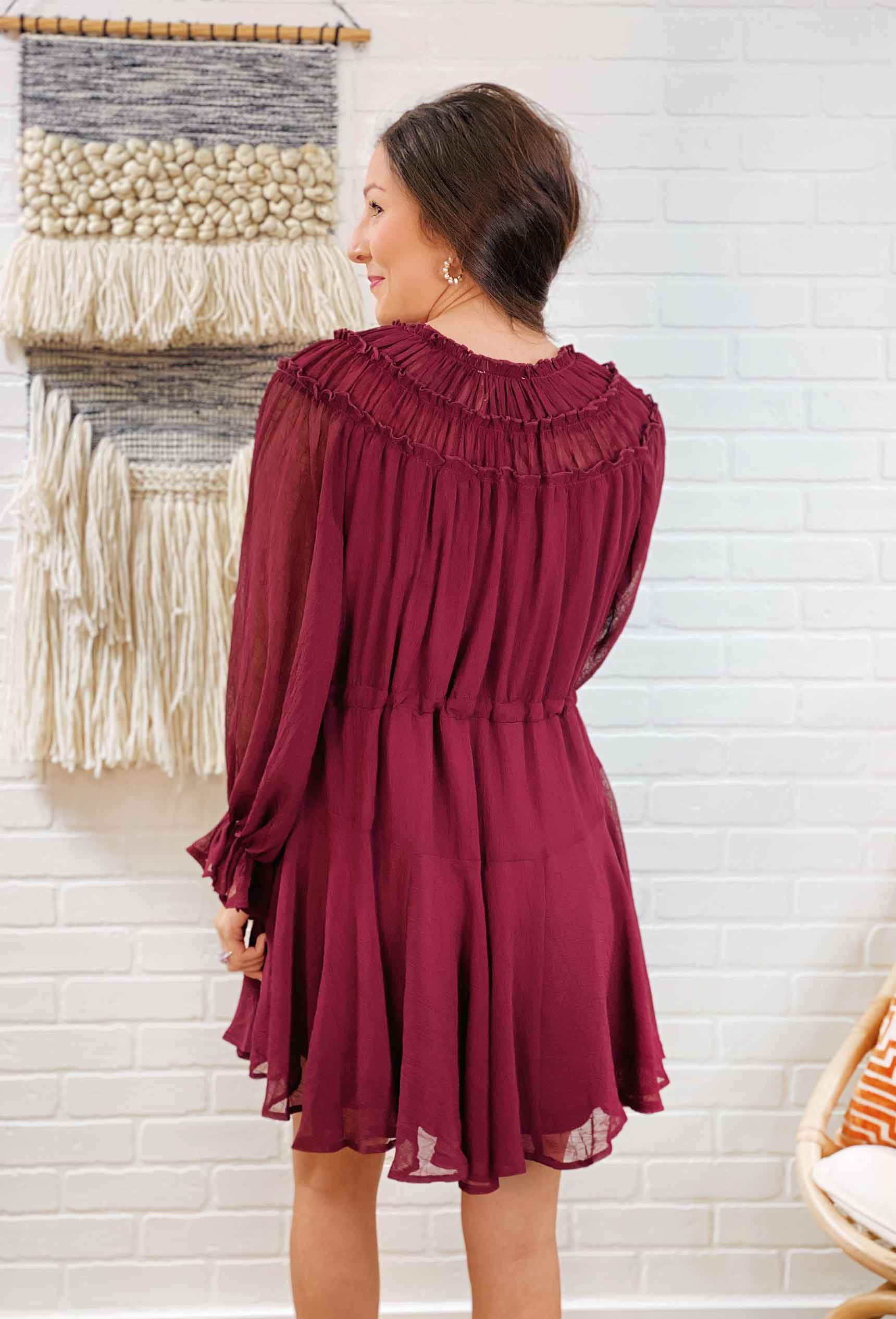 Sheer Long Sleeve Burgundy Dress