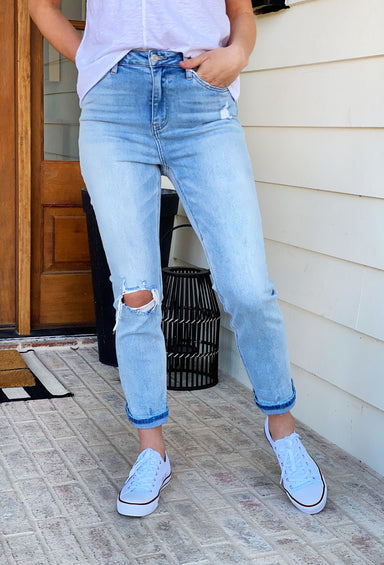 VERVET, High Rise Criss Cross Kick Flare Jeans, Light Blue