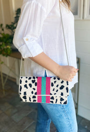 Spotted in Santorini Beaded Clutch, spotted clutch with pink and green stripe down middle of clutch 