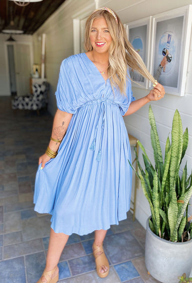 Talk Is Sweet Midi Dress In Blue, Midi dress, blue, self tie waist, v-neckine, pleat detailing on sleeves