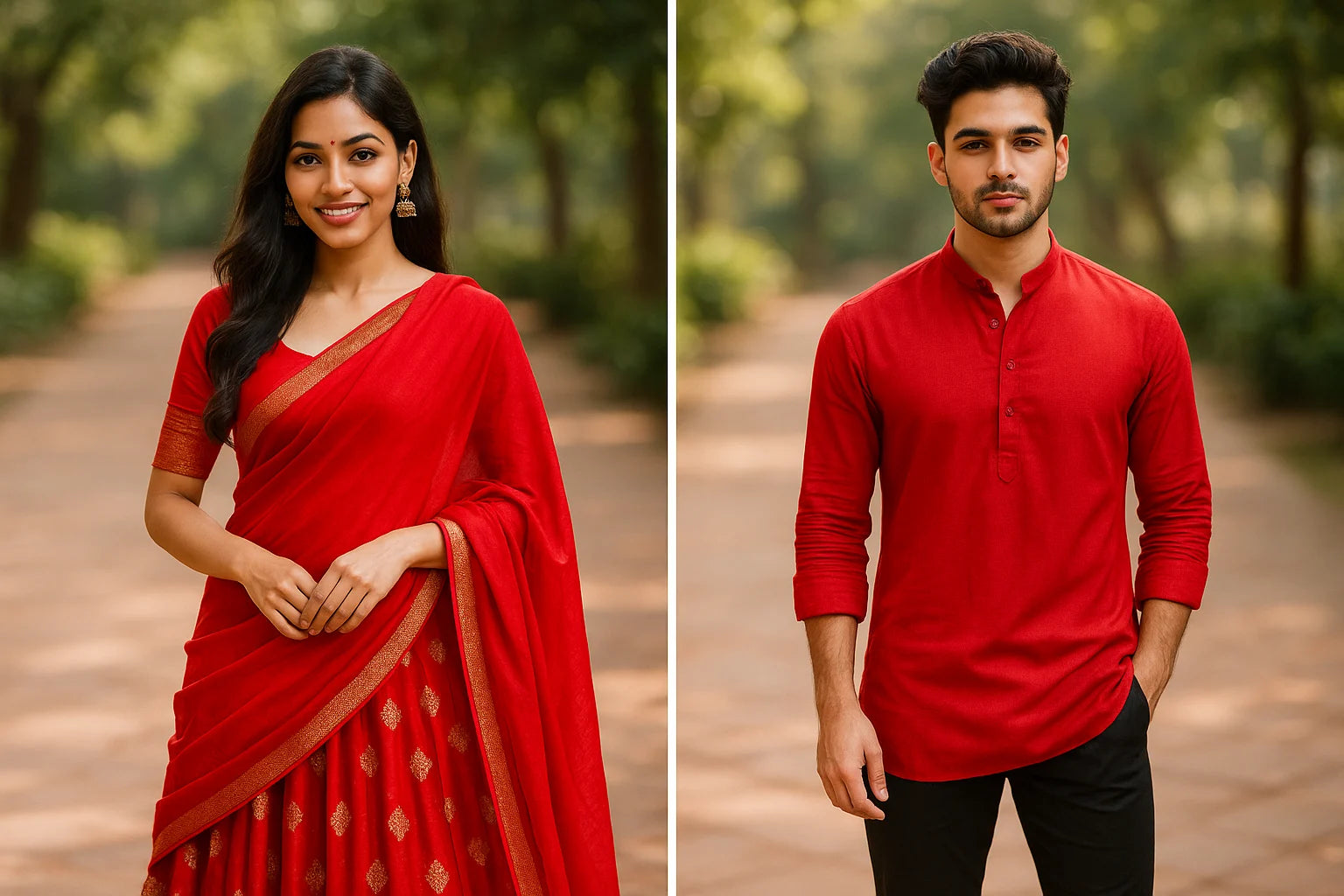 Navratri 2025 Day 4 red outfit ideas – bold red saree and red kurta styling for strength and passion in Garba nights.