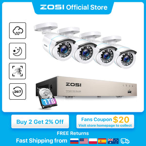 ZOSI Home Security System H.265+ 8CH DVR 4/8pcs 2.0MP 1080p Night Vision Outdoor Surveillance Waterproof Camera Kits - AdvancedBrigade