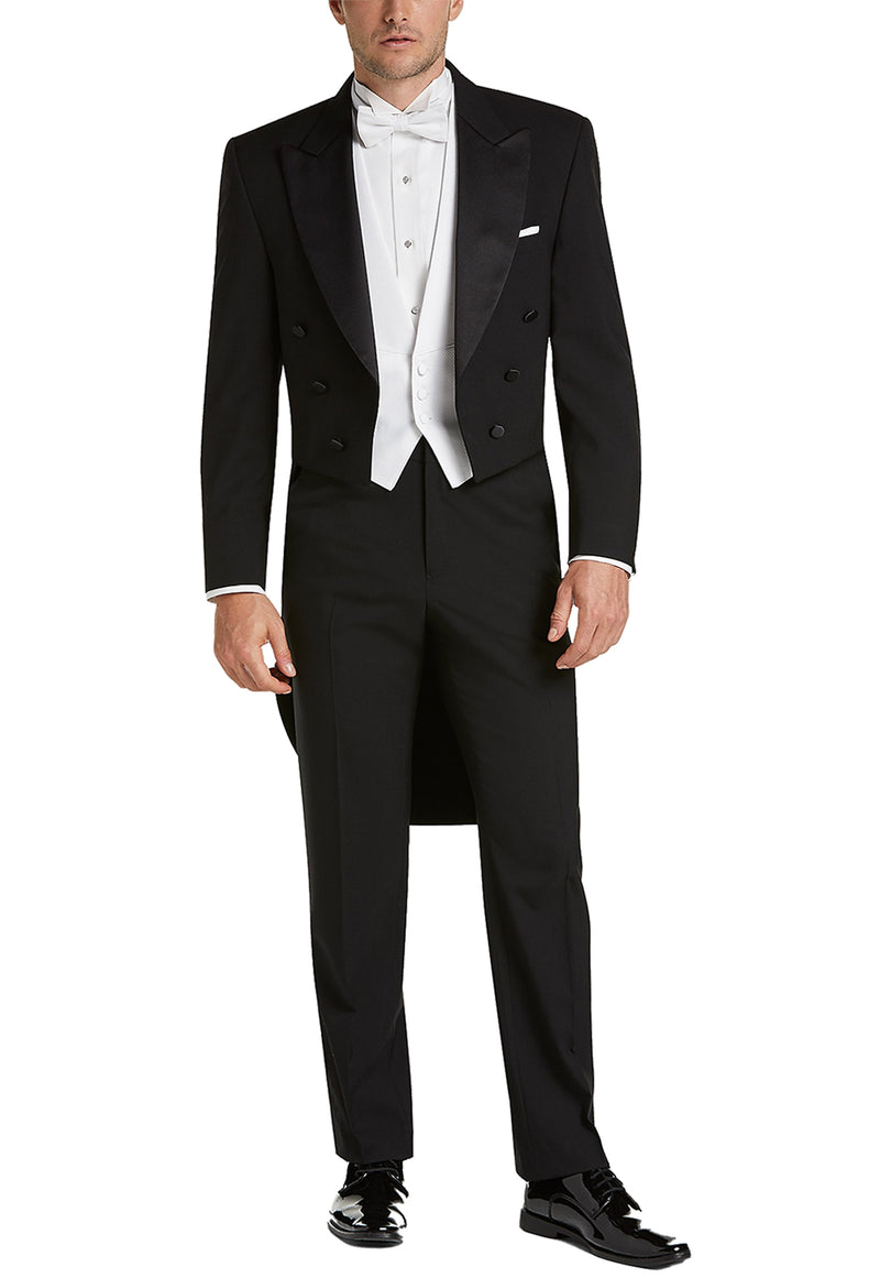 Men's Black, Satin Peak Lapel, Full Dress Tail Coat Tuxedo Jacket - 99tux