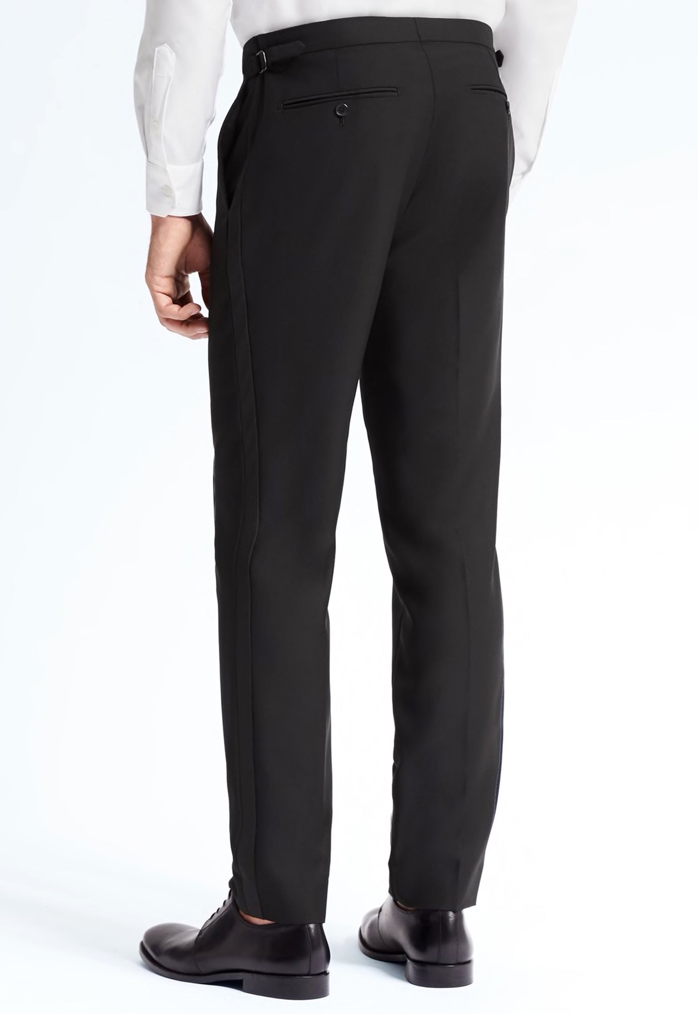 Mens Flat Front White Tuxedo Pants Adjustable Waist with Narrow Satin  Stripe  Inox Wind