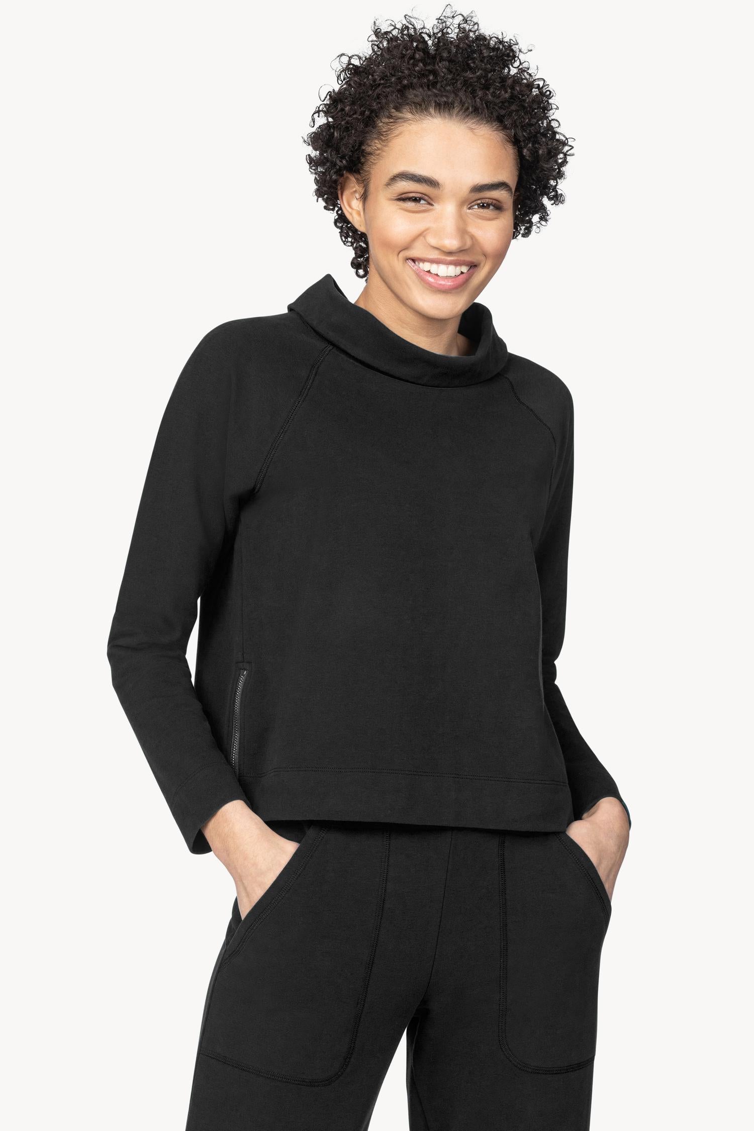 Side Zip Mock Neck Top in Black