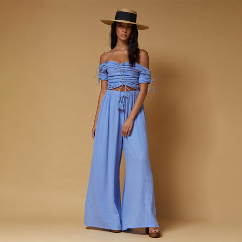 cotton gauze crop top and wide leg pants set