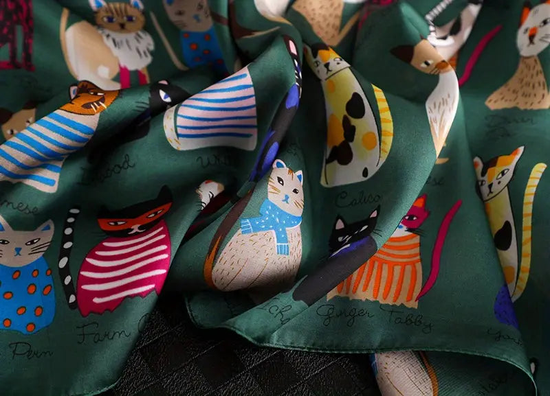 cartoon cat pattern polyester square scarf for women   decorative windproof breathable non elastic with hand   clean for parties details 8