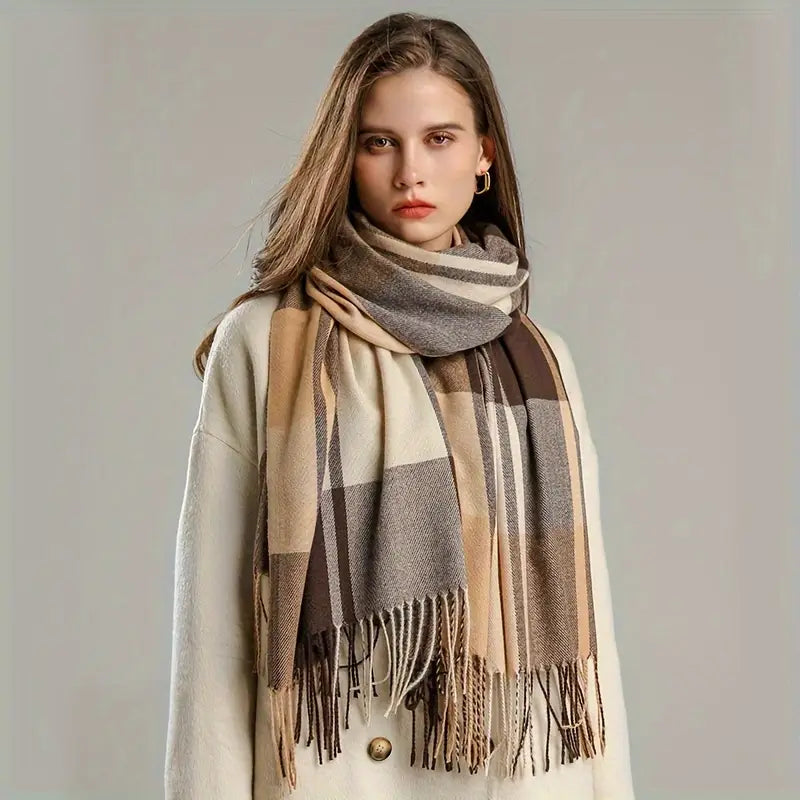 stylish classic   scarf   cashmere color block tassel shawl autumn winter versatile decoration coldproof neck scarf details 1