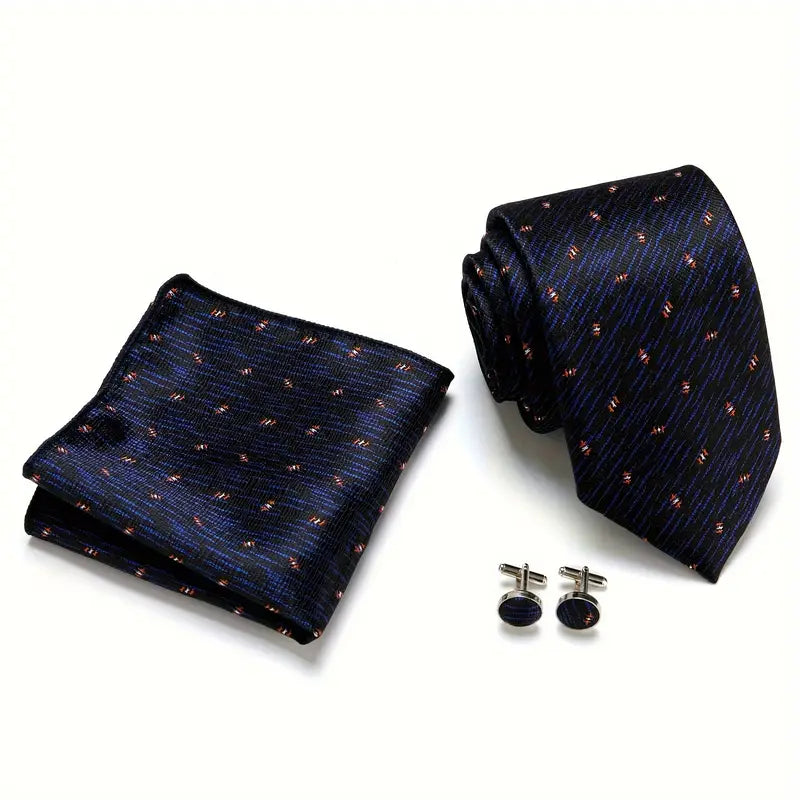 mens blue jacquard floral tie set with pocket square cufflinks weddings work and special occasions details 9