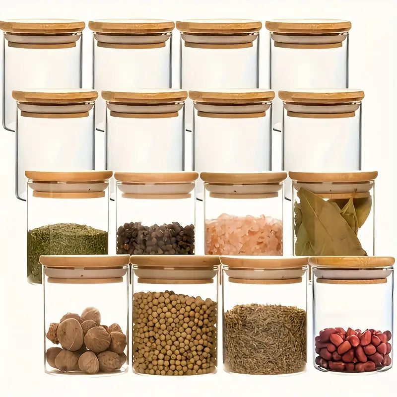 un conjunto de 12 frascos de vidrio para especias con tapas de bambú empaquetados en cajas de espuma protectora para evitar daños ideal para almacenamiento en la cocina detalles 0
