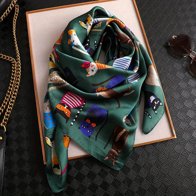 cartoon cat pattern polyester square scarf for women   decorative windproof breathable non elastic with hand   clean for parties details 1