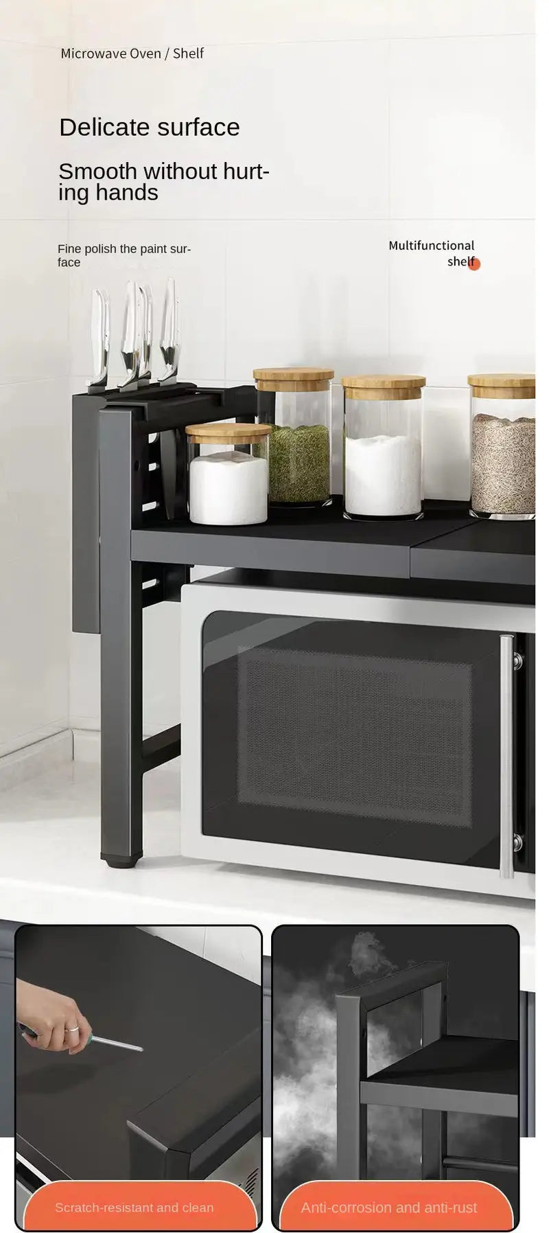 1pc estante ajustable de acero inoxidable para microondas, expandible, organizador de encimera de cocina para microondas, cocinas de arroz, especias con tubos de metal, ideal para detalles de decoración del hogar 4