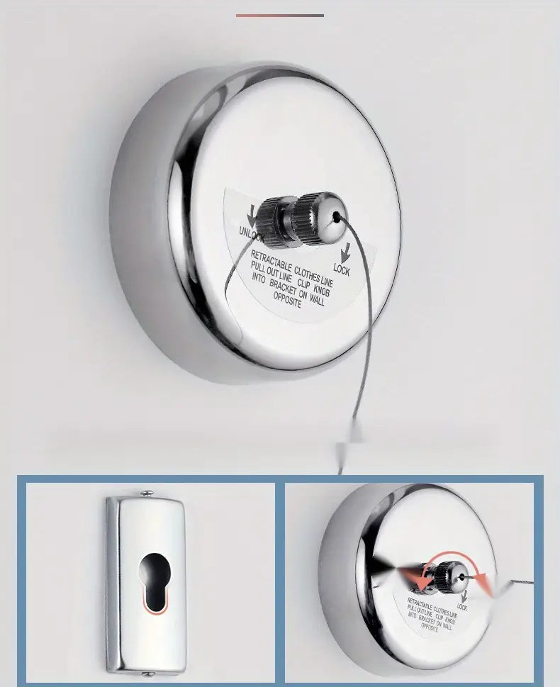 1 pieza de cuerda para ropa de acero inoxidable ajustable y retráctil, montada en la pared, accesorios de lavandería convenientes y que ahorran espacio para uso en interiores, detalles 3
