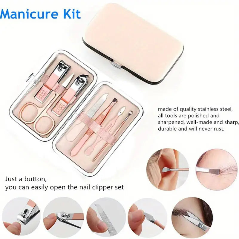 7 piece stainless steel manicure pedicure kit with   leather case initial   personal grooming tools set details 1