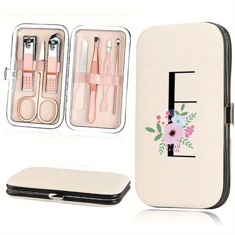 7 piece stainless steel manicure pedicure kit with   leather case initial   personal grooming tools set details 3