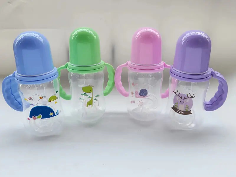 food grade baby bottle 5oz 150ml feeding bottle with handle and straw random pattern details 1