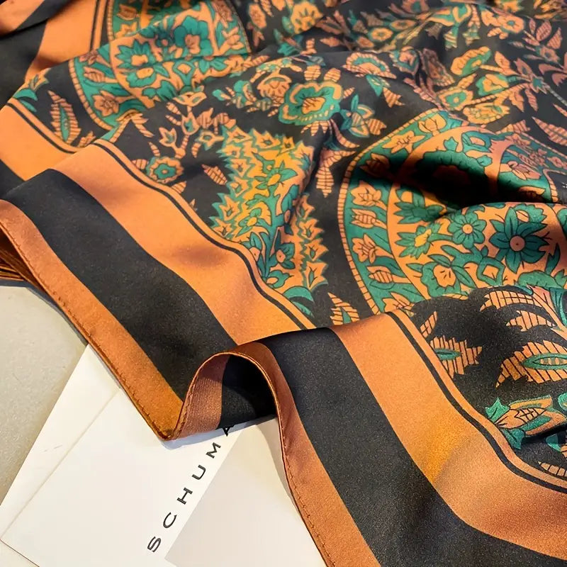 silk satin shawl retro landscape painting printed scarf elegant sunscreen windproof wrap for women details 9