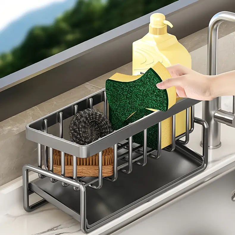versatile kitchen bathroom organizer   plastic sink caddy for soap sponges towels details 4