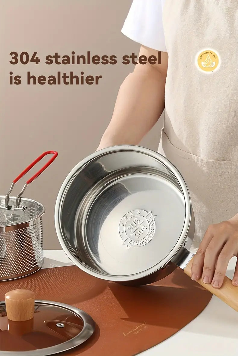 304 stainless steel mini deep fryer with basket japanese   pan for fish fries portable metal camping cooker with lid and non slip handle compatible with induction cooktops no power required details 5