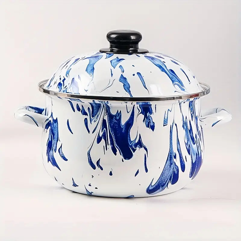 elegant enamel cookware set 5pcs blue enamel stackable pots and pans for kitchen and dining details 7