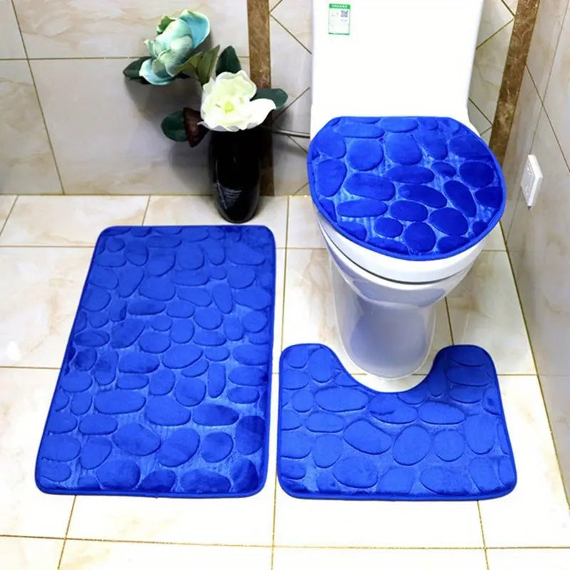 set of 1 3 soft and absorbent bathroom mats featuring non slip carpets u shaped contour mat and toilet lid cover with a floral embossed surface slip resistant backing water absorbent machine washable   bathrooms or showers details 0