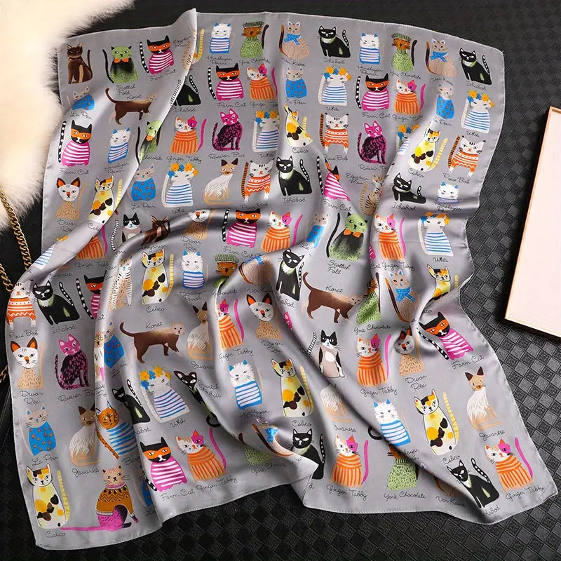 cartoon cat pattern polyester square scarf for women decorative windproof breathable non elastic with hand clean for parties details 4