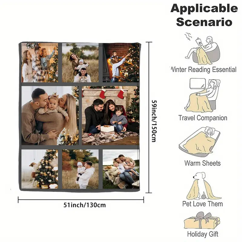 1 шт уютное индивидуальное фотоплед из фланели с персонализированным изображением, одеяло для пар, семьи, мягкое и теплое, памятное одеяло, идеально подходит для офиса, кровати, дивана, кресла, дневного сна, кемпинга, путешествий, машинной стирки, многофункциональный полиэстер, вязка, детали 8