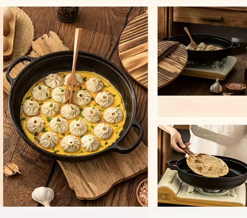 1pc cast iron double handled with wooden lid non stick cooking pan thickened iron pot for indoor outdoor use compatible with gas stove induction cooktop kitchen cookware details 3