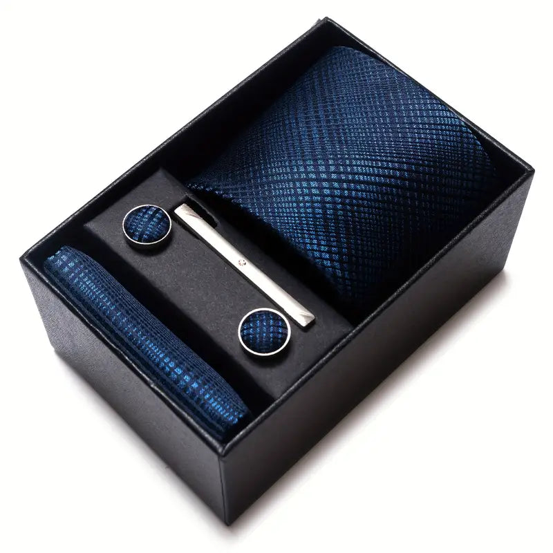 1 set of mens blue tie pocket square handkerchief tie clip and cufflinks holiday present necktie gift box wedding accessories details 24
