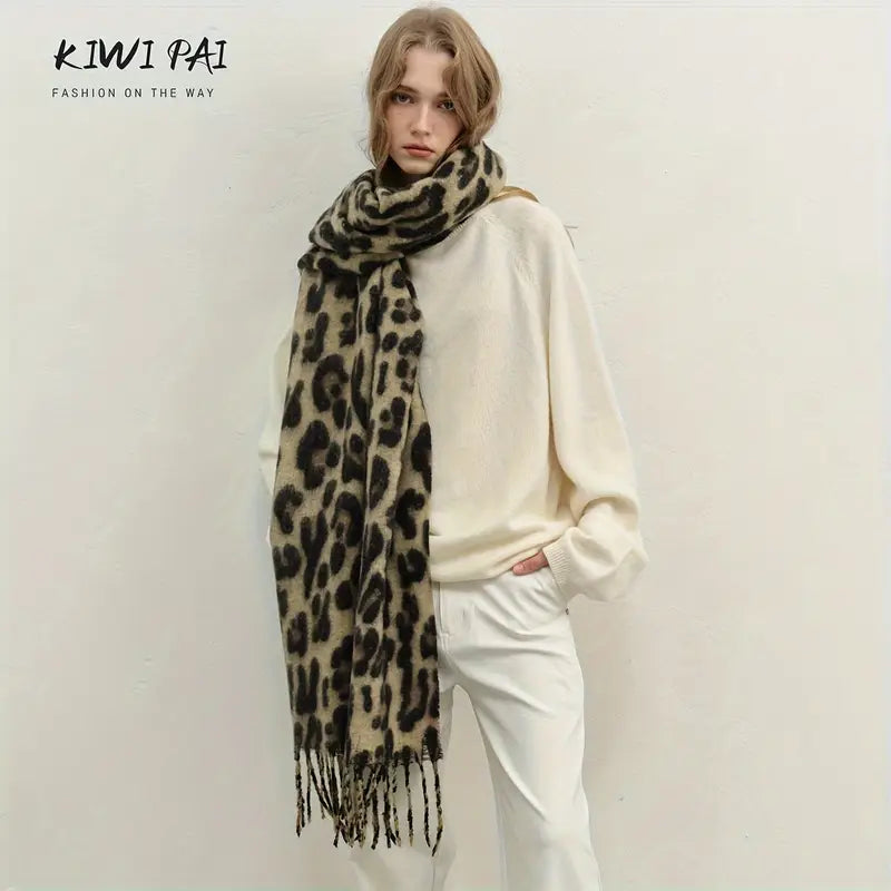 elegant leopard print scarf for women thick warm versatile for fall winter polyester non stretch hand or only details 5