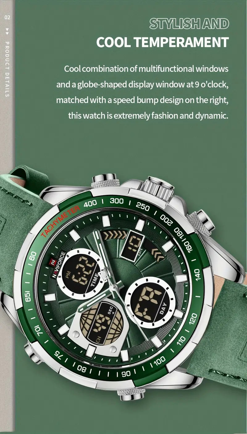 multifunctional mens watch with night light leather strap details 6