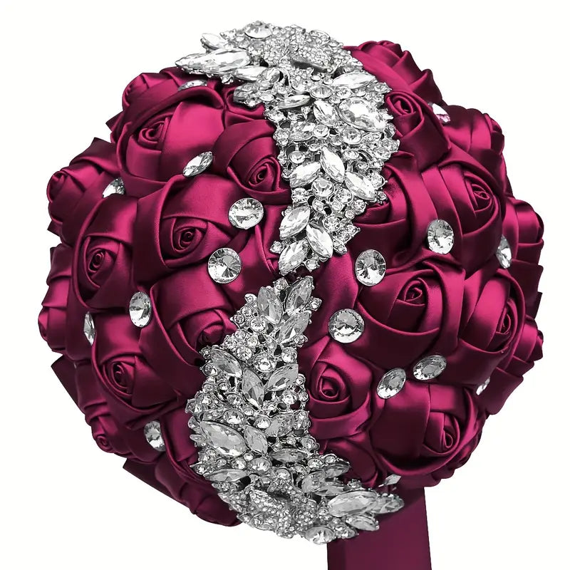 elegant bridal bouquet with sparkling crystals polyester and spandex   handheld wedding flower arrangement w445 details 34