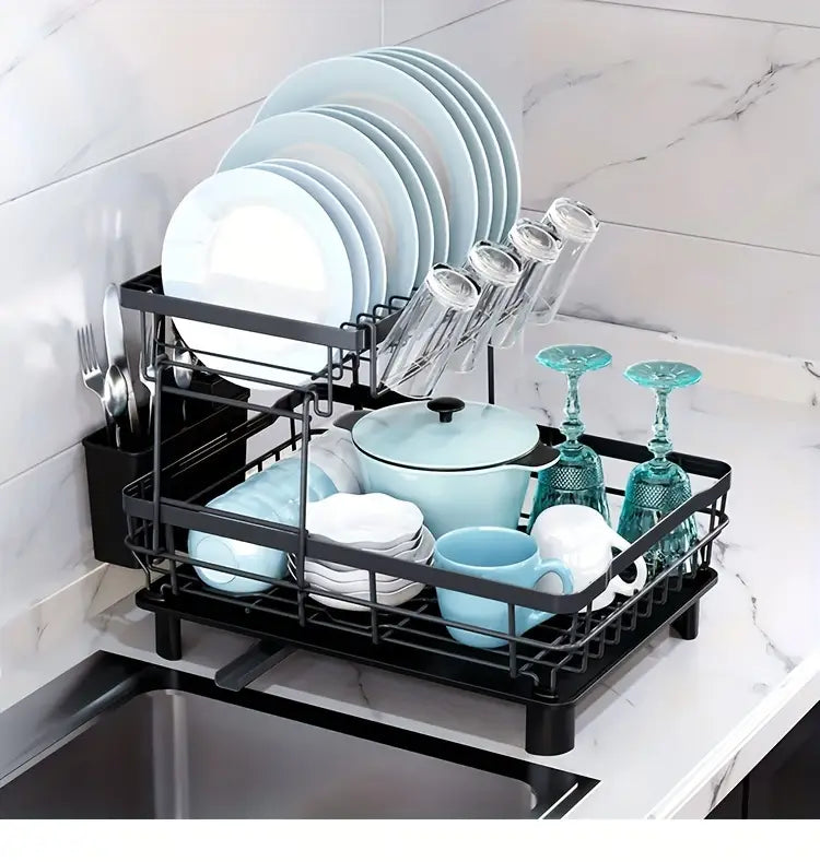     drying rack with   adjustable spout utensil holder knife slots ideal for kitchen counter organization   metal plastic dish drying rack for kitchen counter details 13