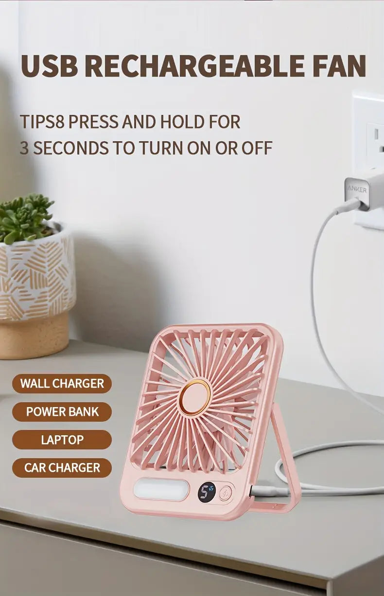 1 шт. стильный белый портативный настольный вентилятор с 180° складной скоростью, перезаряжаемый аккумулятор, светодиодная ночная лампа, питание через USB, долговечная литиевая батарея для дома, офиса, спальни, на улице, путешествий, кемпинга, детали 2