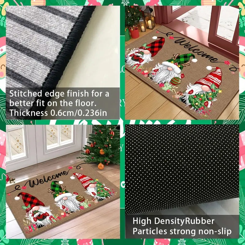 feliz felpudo de bienvenida de Navidad con duende de fiesta de 6 mm de grosor, poliéster con respaldo de goma antideslizante, lavable a máquina, alfombra rectangular para el suelo de vacaciones con tres duendes con adornos de temporada, decoración y regalos de Navidad, detalles de patrón y acentos en poliéster, alfombra de entrada.