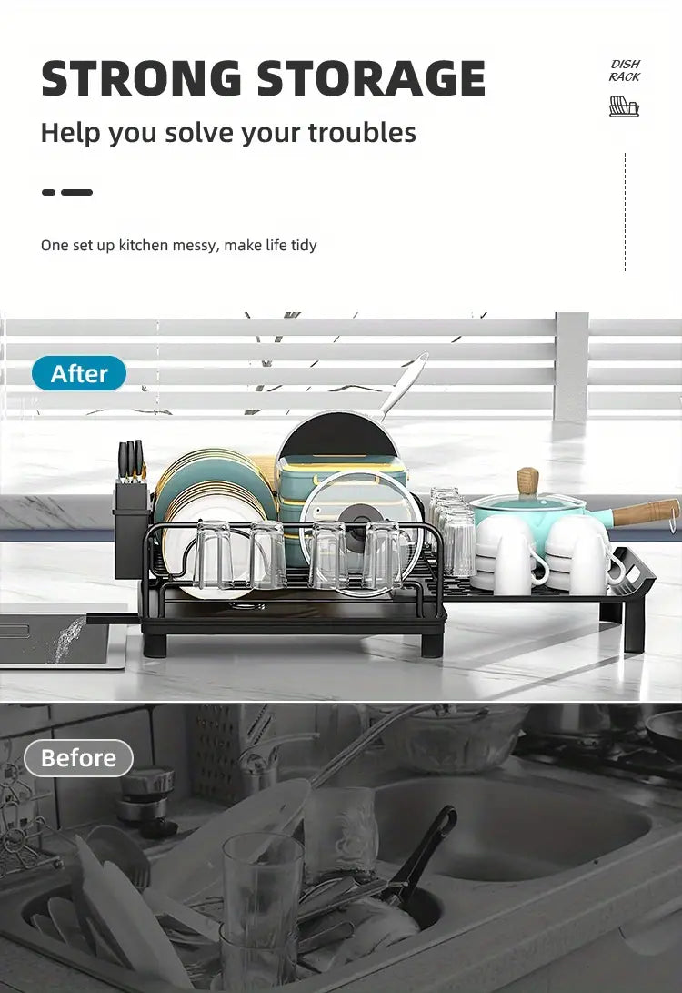 uzunlamoq mumkin bo'lgan idish quruq rack katta idish quruq rack ko'p funksiyali idish rack oshxona stoli uchun zanglamaydigan idish quruq rack va idishlar uchun stakan tutqichlari tafsilotlar 2