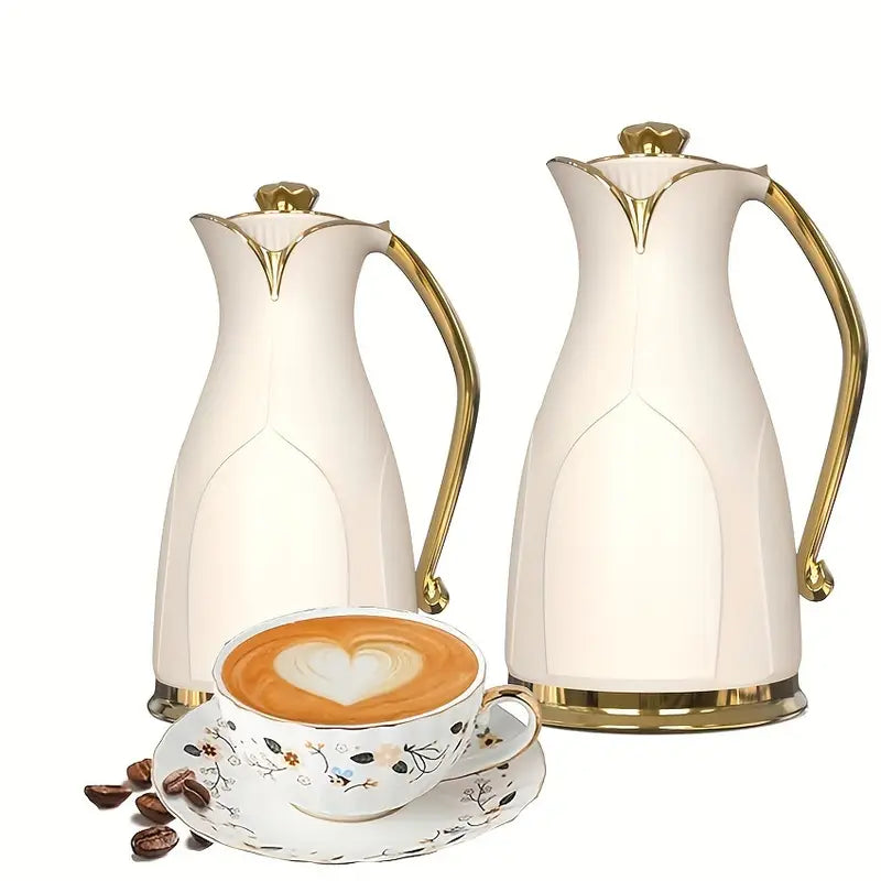 elegant double walled insulated coffee carafe with golden white ceramic thermal vacuum sealed for hot cold beverages ideal for tea coffee enthusiasts coffee bar accessories details 0