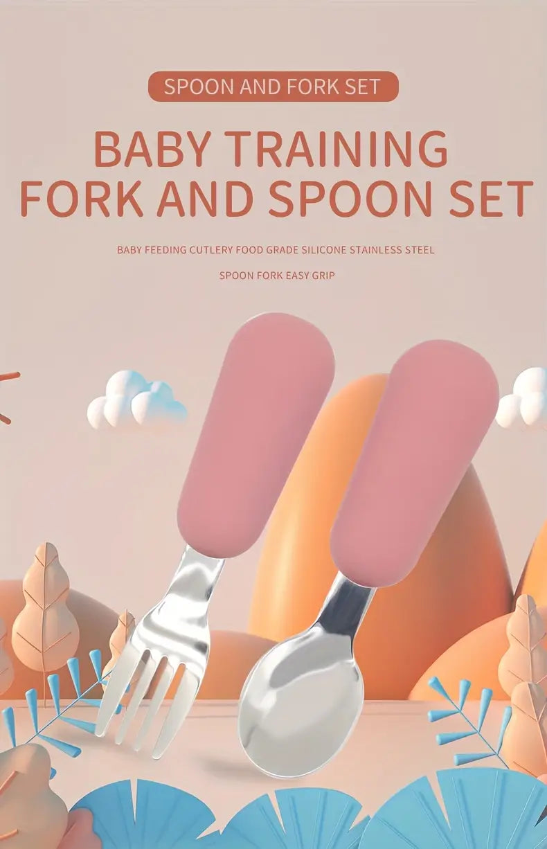 набор ложка и вилка для кормления из нержавеющей стали с красной силиконовой ручкой  детали 0