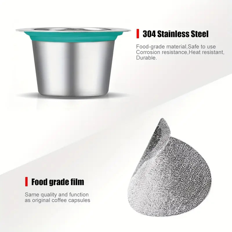 cápsulas de café reutilizables de acero inoxidable con pegatinas de sellado de foil compatibles con máquinas, conjunto de filtros de cápsulas de café recargables con detalles de tampón 5