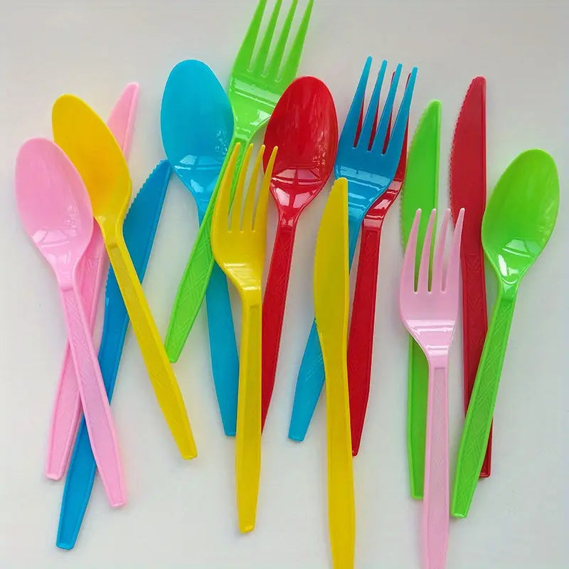 30pcs disposable plastic tableware colored knives forks spoons 3pcs set for wedding birthday party cake forks spoons set details 0