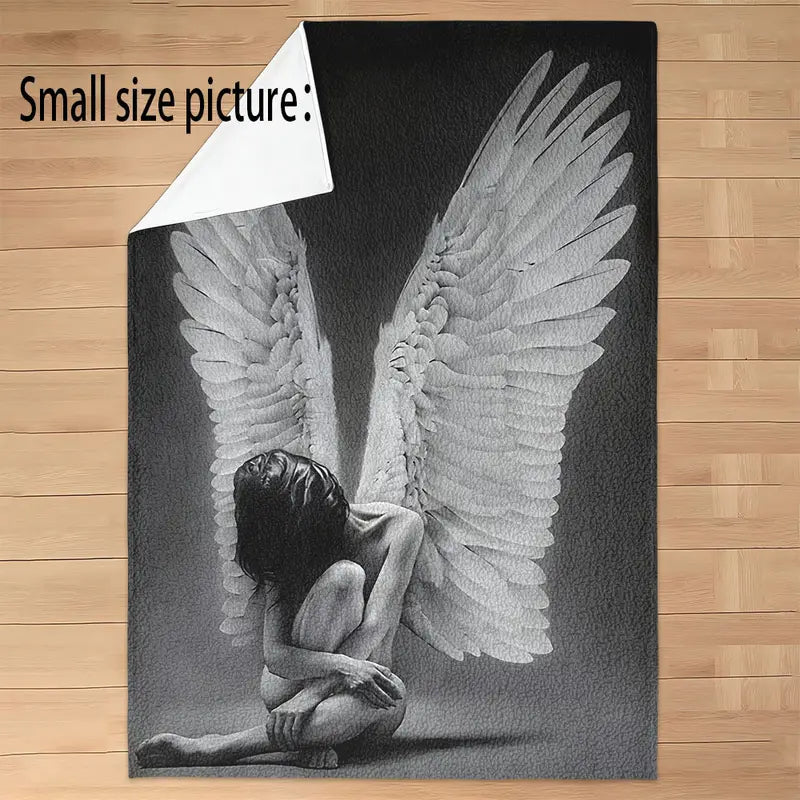1pc contemporary fallen angel wings print flannel throw blanket hypoallergenic soft warm   cozy multipurpose gift machine washable   polyester ideal for sofa office bed camping travel 200 250gsm details 8