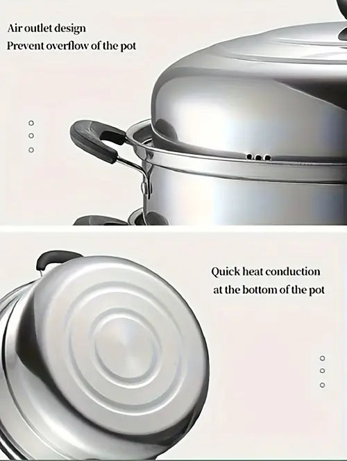 popular vaporizador multifuncional de acero inoxidable de 3 capas con tapa, ideal para verduras, dumplings, sopa, salsa y comida, compatible con cocinas de inducción y estufas de gas, detalles 5